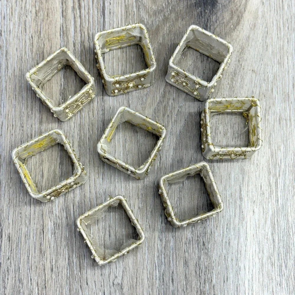 Pier 1 Imports 8 Napkin Rings Square Embellished Mesh Beads Faux Pearls Ornate